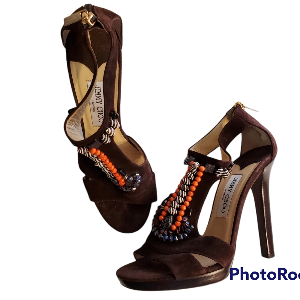 Jimmy Choo TStrap Brown Suede Leather Open Toe Heel With Beads Size 39 **As Is**
